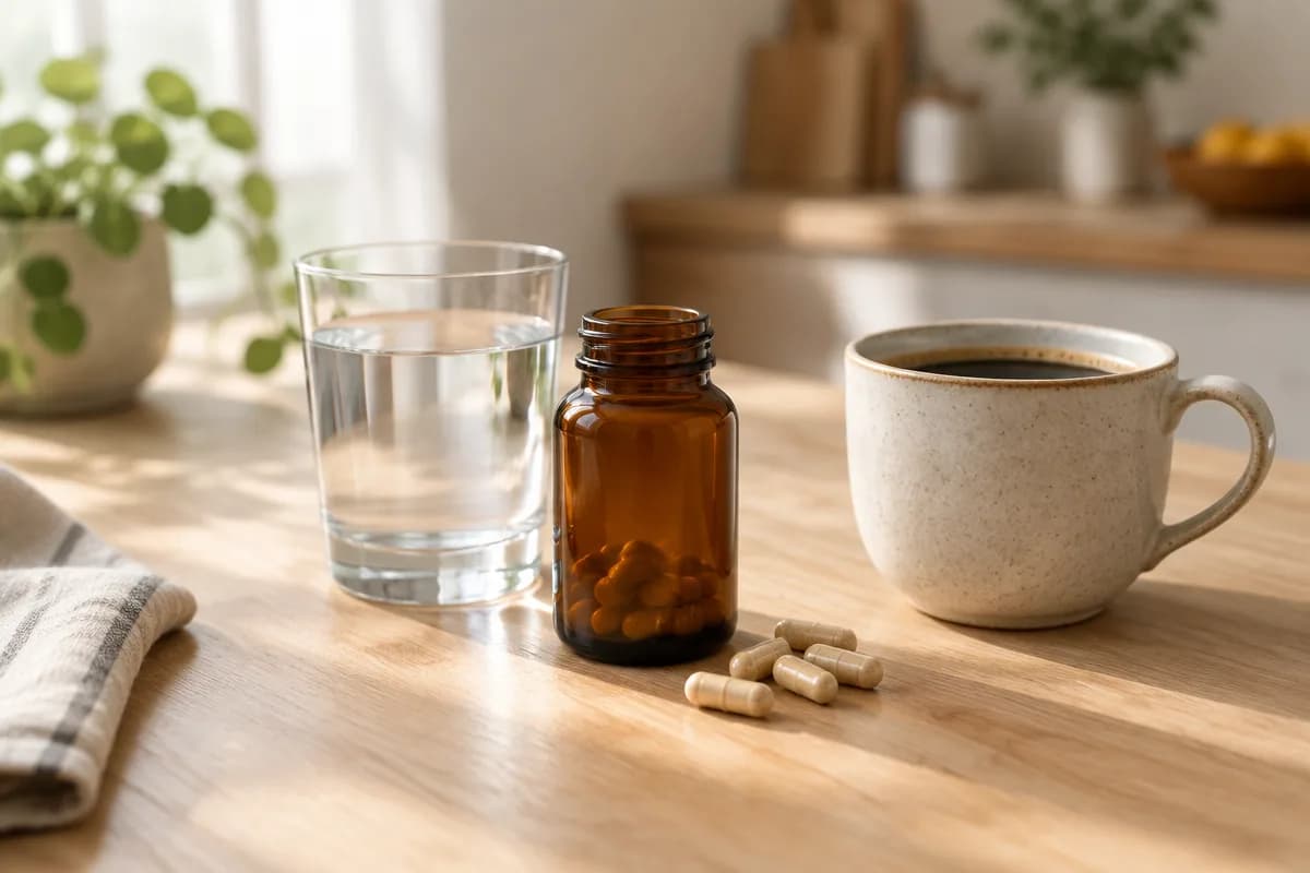 Supplement capsules, a glass of water and a cup of coffee on a kitchen table