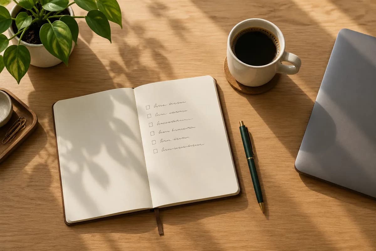 Open notebook with a handwritten checklist, pen and coffee on a tidy desk